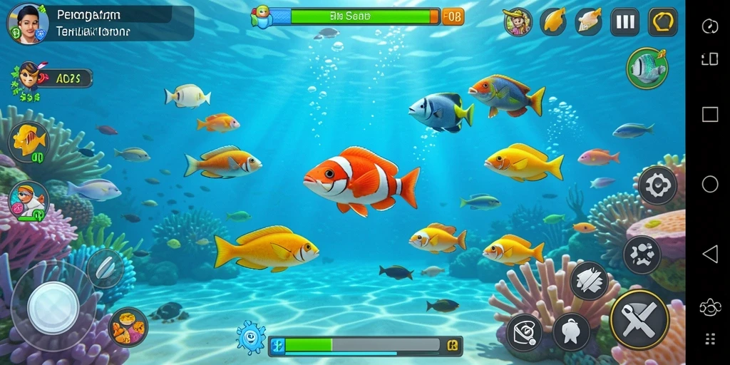 Tampilan gameplay F08 saat menembak berbagai ikan di bawah laut.