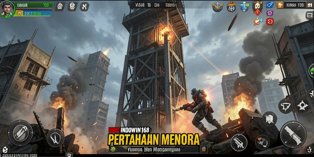 Tampilan gameplay menegangkan dari INDOWIN168 dengan strategi pertahanan menara.