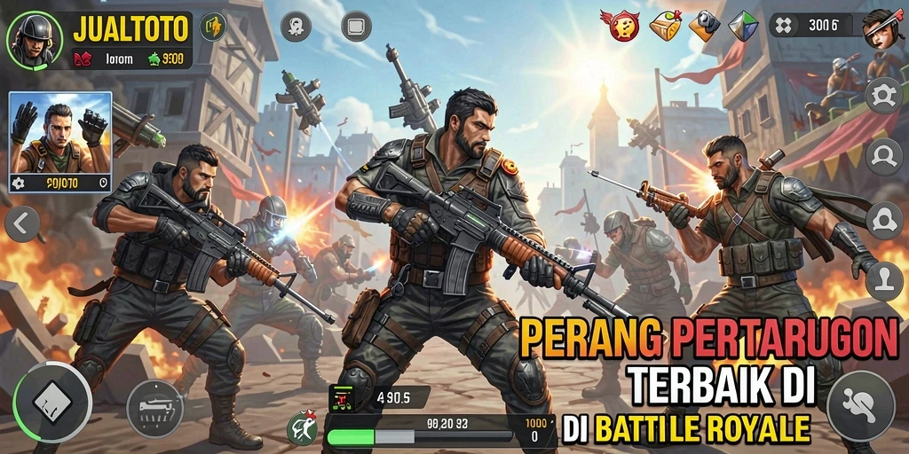 Screenshot gameplay JUALTOTO menampilkan aksi seru di medan perang Battle Royale.