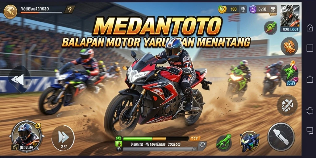 Tampilan gameplay menegangkan dari MEDANTOTO dengan motor balap.