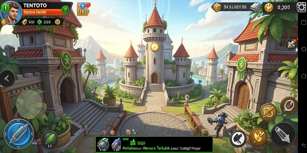 Screenshot utama TENTOTO menampilkan aksi mendebarkan dalam pertahanan menara.