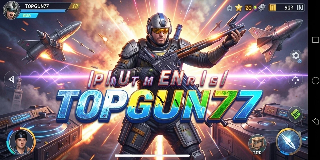 Screenshot gameplay utama TOPGUN77 yang menampilkan aksi musik seru.